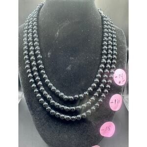 Vtg Black Glass Triple Strand Japan Necklace 16" w/ Shepherd Hook Closure #98